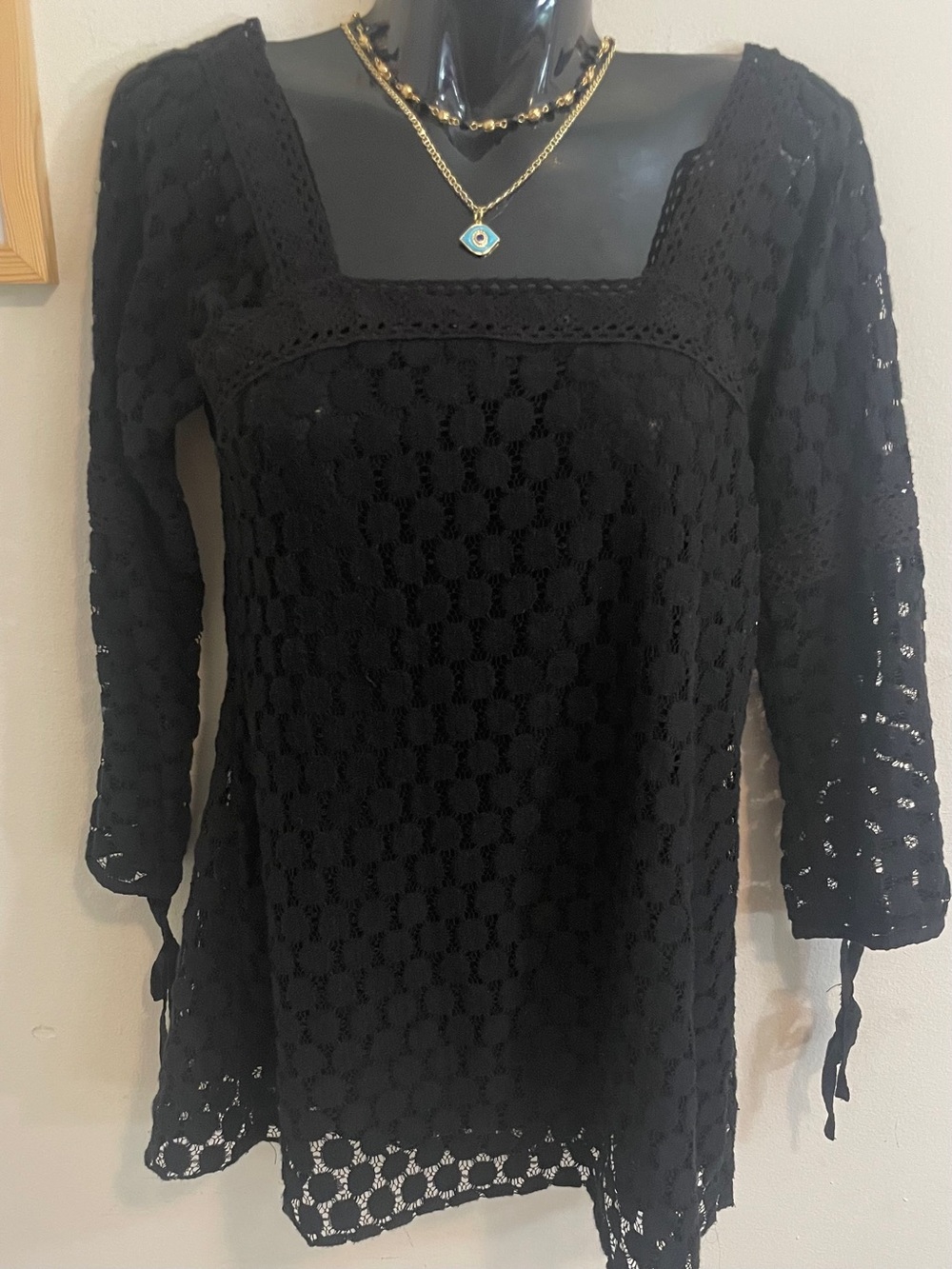 Black Crochet Lace Tunic Top by Solitaire Boho Goth Fits a Small to Medium EUC